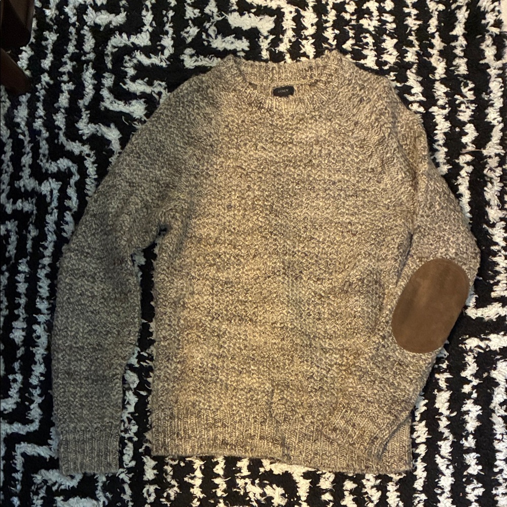 J. Crew Men's Heather Gray Sweater with Tan Elbow Patch